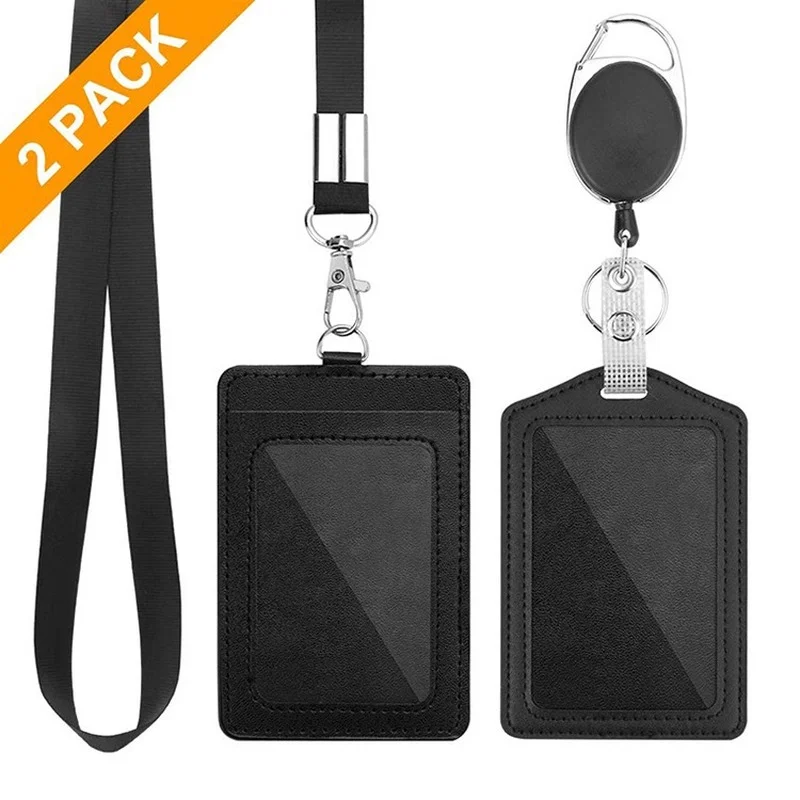 

2pcs/set Business Card Holder Retractable Leather ID Card Holder Neck Strap Lanyard Badge Card Wallet Office Supplies Card Cover