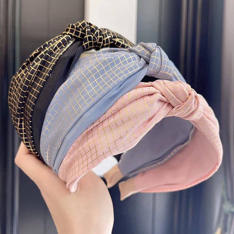 

2022 New Arrival Women Hair Accessories Elegant Checkered Plaid Fabric Headband Wide Cross Knot Headbands Hairbands