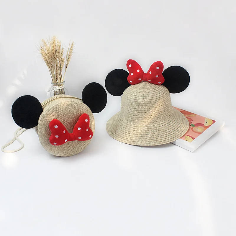 

Children's girls straw hat suit sun hat girls summer sun protection straw hat bow fisherman hat bag suit trendy fashion
