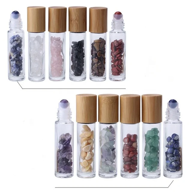 100Pcs/Lot 10ml Glass Roll On Bottle with Gemstone Essential Oil Roller Bottle with Bamboo Cap and Roller Jade Ball For Travel