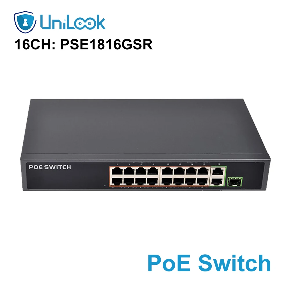 UniLook 16CH PoE Network Switch for IP Camera +2TP+1 SFP Gigabit Uplink Not Combo Poe Port Switch PSE1816GSR V2.0