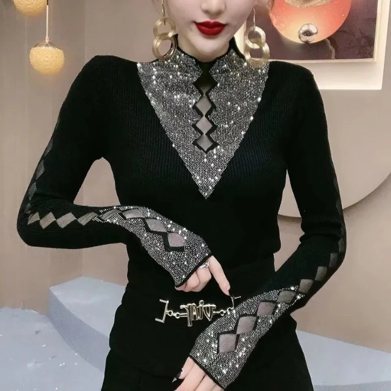 

Woman Hollow Black Slim Lace Shirt Autumn Female High-neck Patchwork Tops Long-sleeved T-shirt Ladies Bottomed Top T-shirt G235