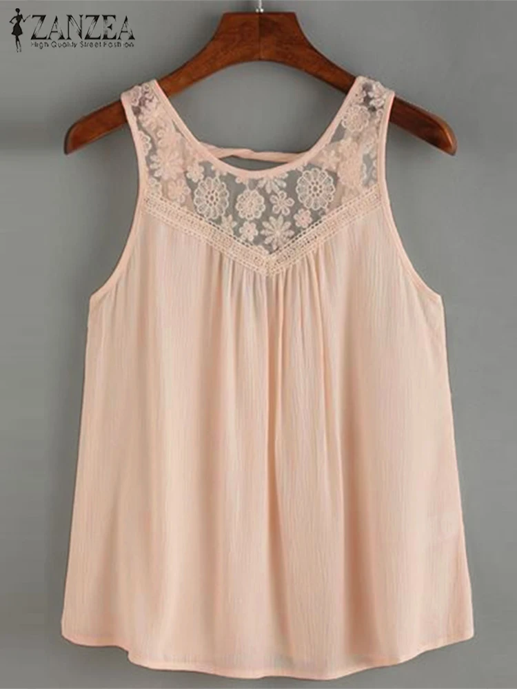 Женские летние майки ZANZEA корейские без рукавов с кружевом и шитьем модная