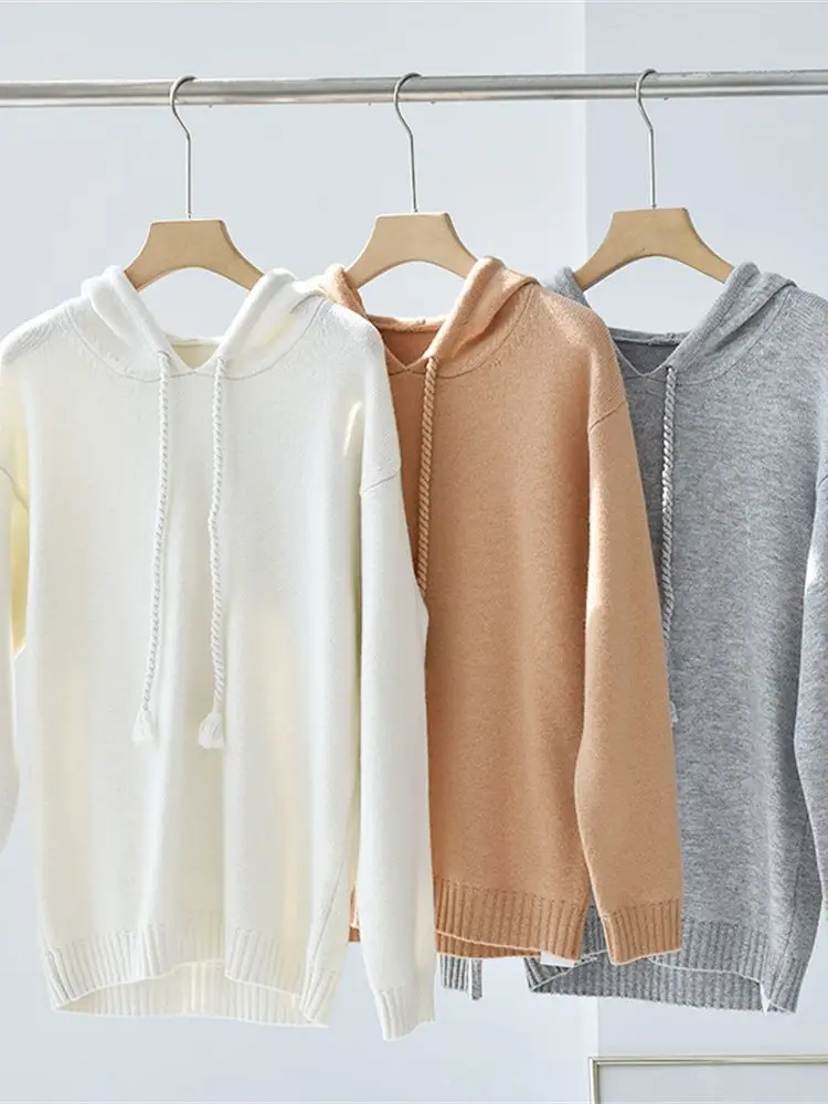 Women Drawstring Hooded Cashmere Cardigan 2022 Autumn Ladies Solid Color Winter New Korean Knitted Pullover Female White Sweater