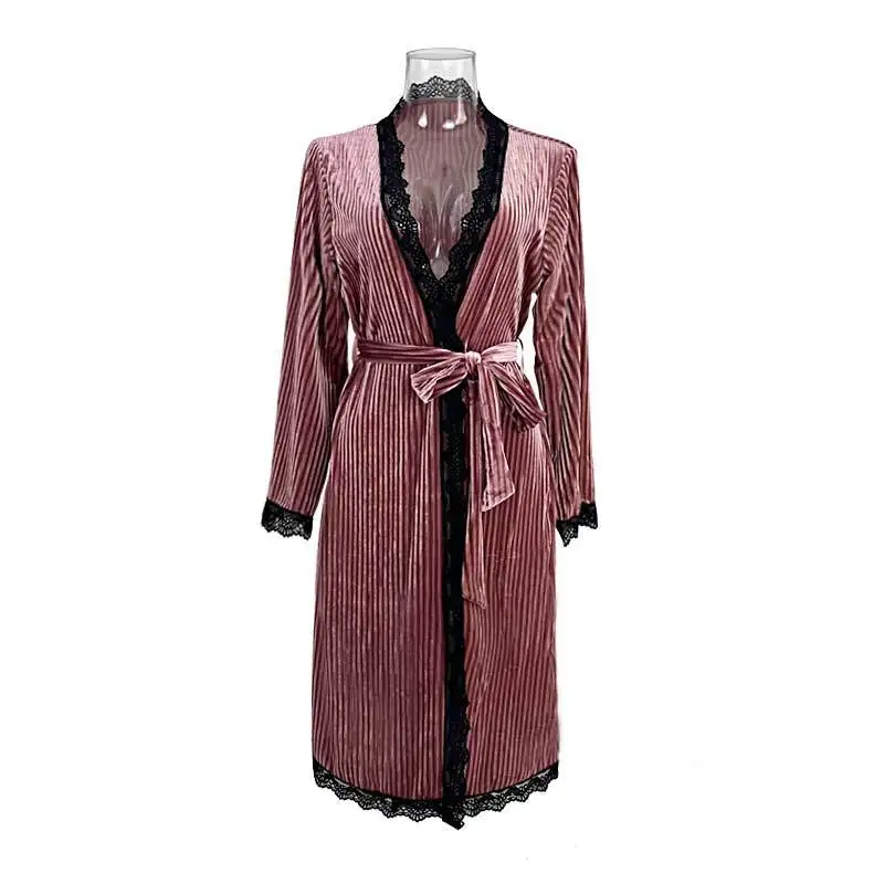

Gold Velvet Bathrobe Warm Female Sleepwear Clothing for Autumn and Winter Kimono Women Night Cardigan Nightgown with Robes Set