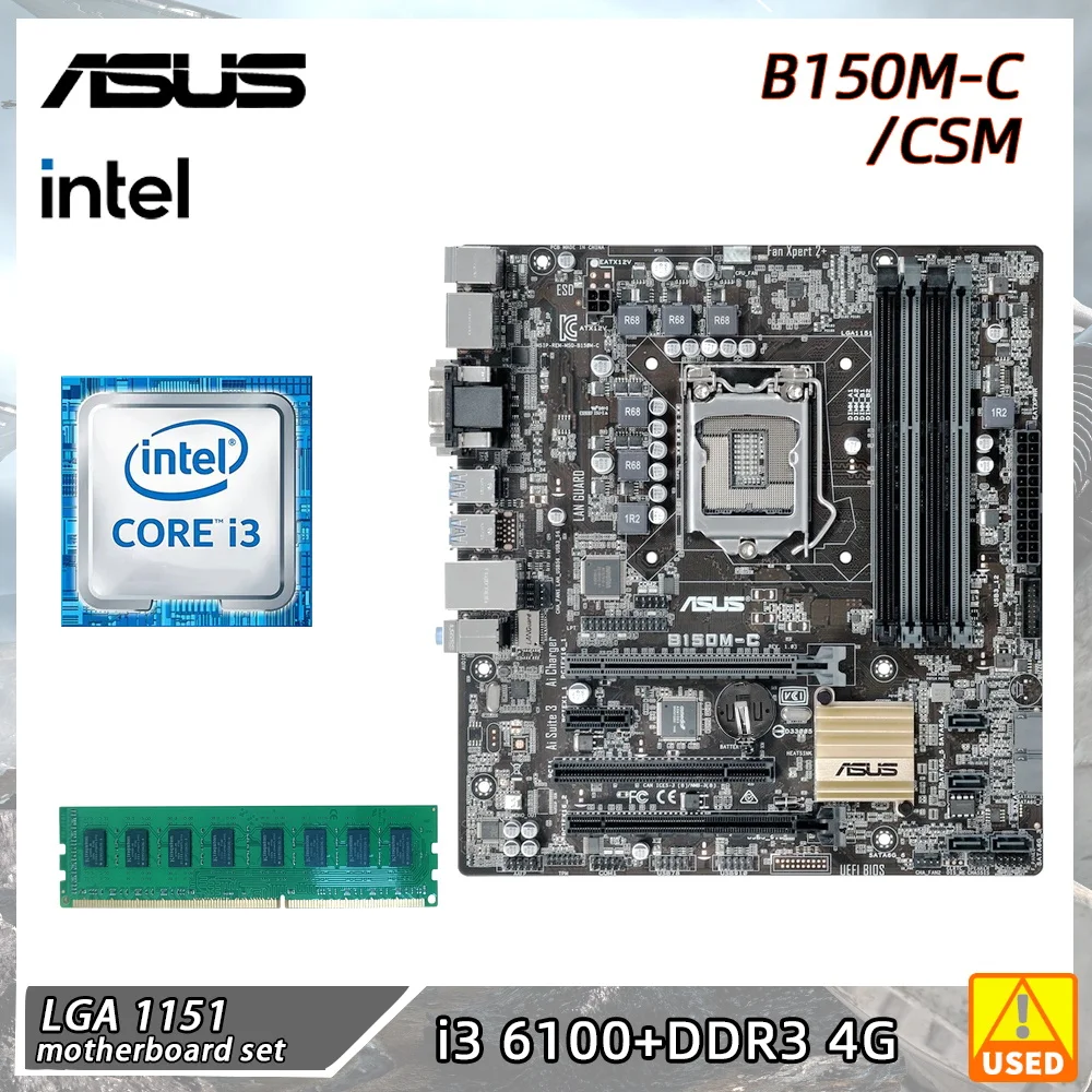 

ASUS B150M-C/CSM+I3 6100 Motherboard Kit LAG 1151 DDR4 Intel B150 B150M Support Core i3-6098P i5-6500T Cpus SATA 3 USB 3.0