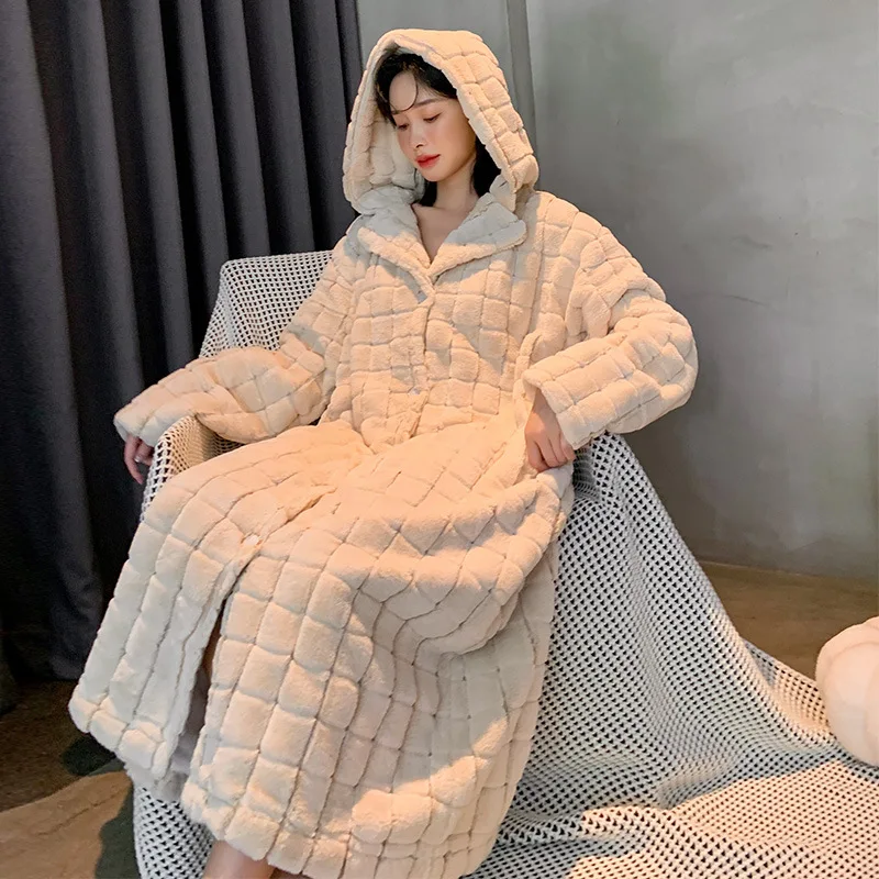 

Бежевое Женское зимнее бархатное кимоно с капюшоном кораллового цвета, одежда для сна, ночная рубашка, теплый халат, мягкая домашняя одежда