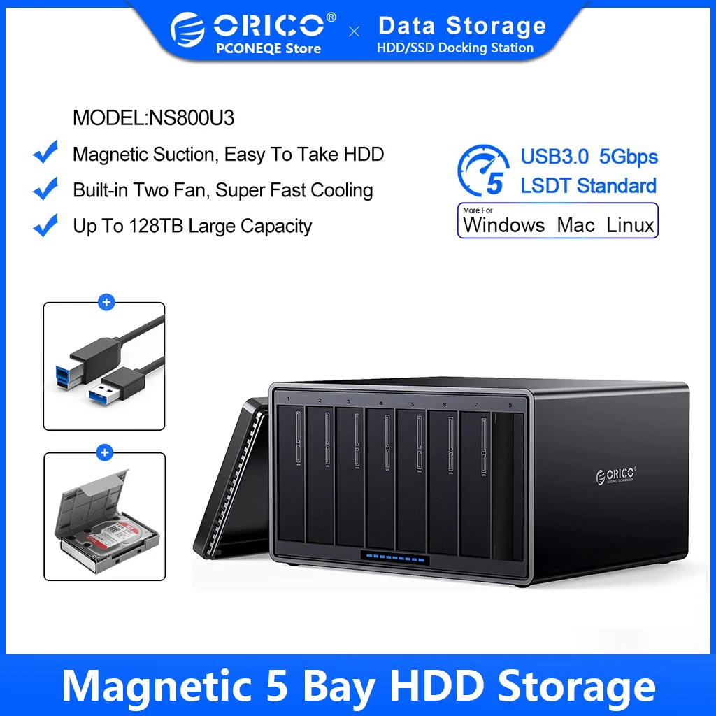 

ORICO NS Series 8 Bay USB 3.0 External hard drive USB 3.0 SATA 5Gbps UASP with 120W Adapter HDD Enclosure PC case Support 128TB