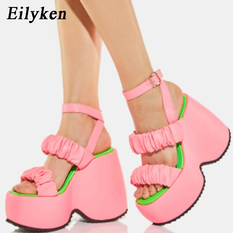 

EilyKen New Summer Ladies Waterproof Platform Wedges Sandals For Woman Fashion Thick Bottom Pleated Buckle Strap Shoes High Heel