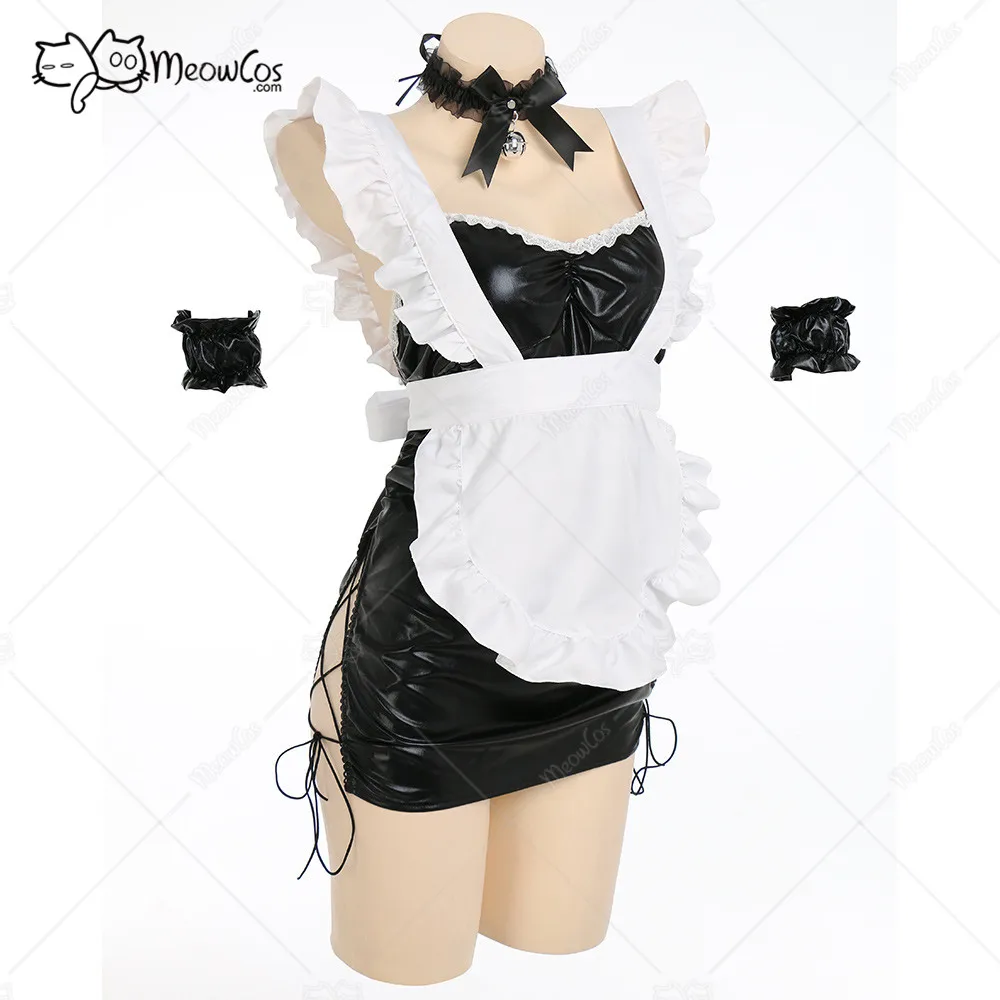 

Сексуальное нижнее белье, платье, Униформа горничной, блестящее платье на шнуровке с оборками и фартук с кольцом на руку для нижнего белья и ...