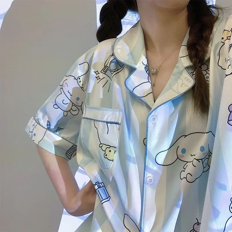 

Sanrio Cinnamoroll Pajamas Set Kuromi Ice Silk Summer The New Silk Suit Explosive Two Piece Set Thin Dormitory Home Clothes Girl