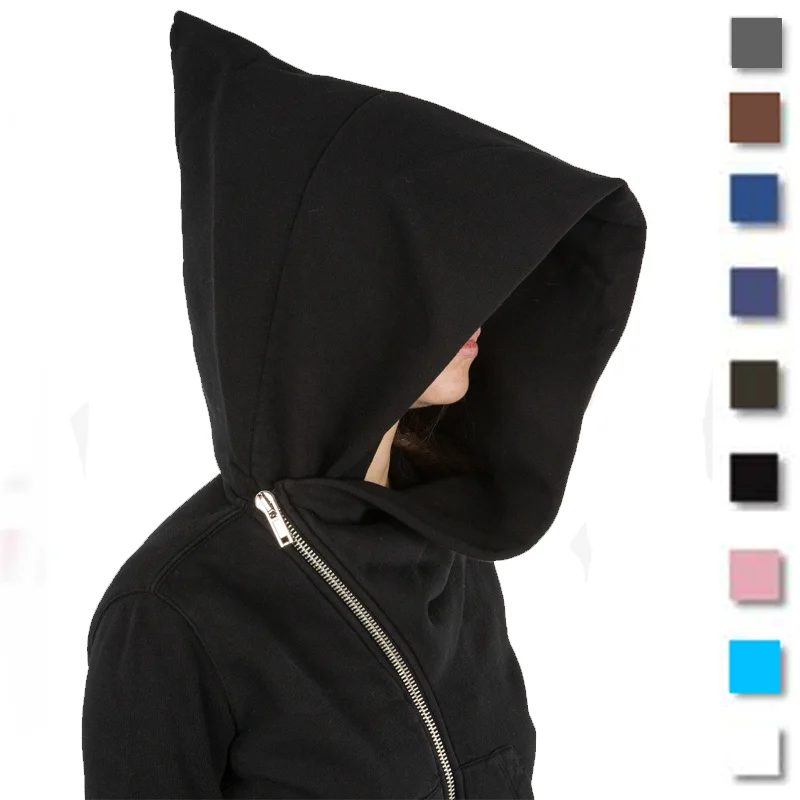 Wizard Hat Oblique Zipper Punk Rock Skateboard Streetwear Y2K Gothic Diagonal Zip Up Black Cloak Hoodie Jacket For Men Women