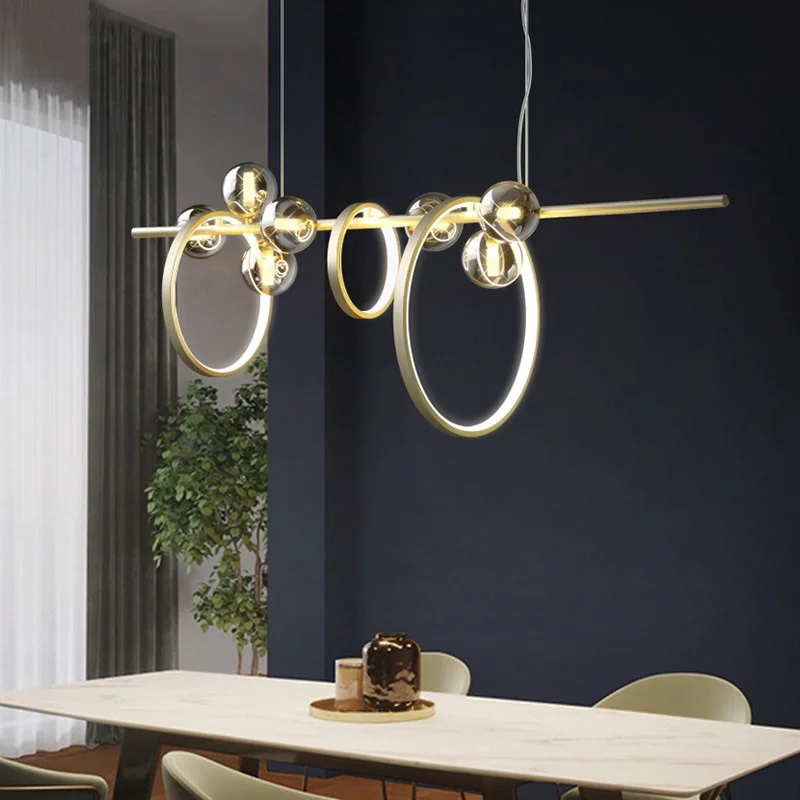 

Золотая Современная креативная стеклянная люстра, смоченные круглые кольца, длинная Подвесная лампа для столовой, кухни, островка, бара, кафе, офиса