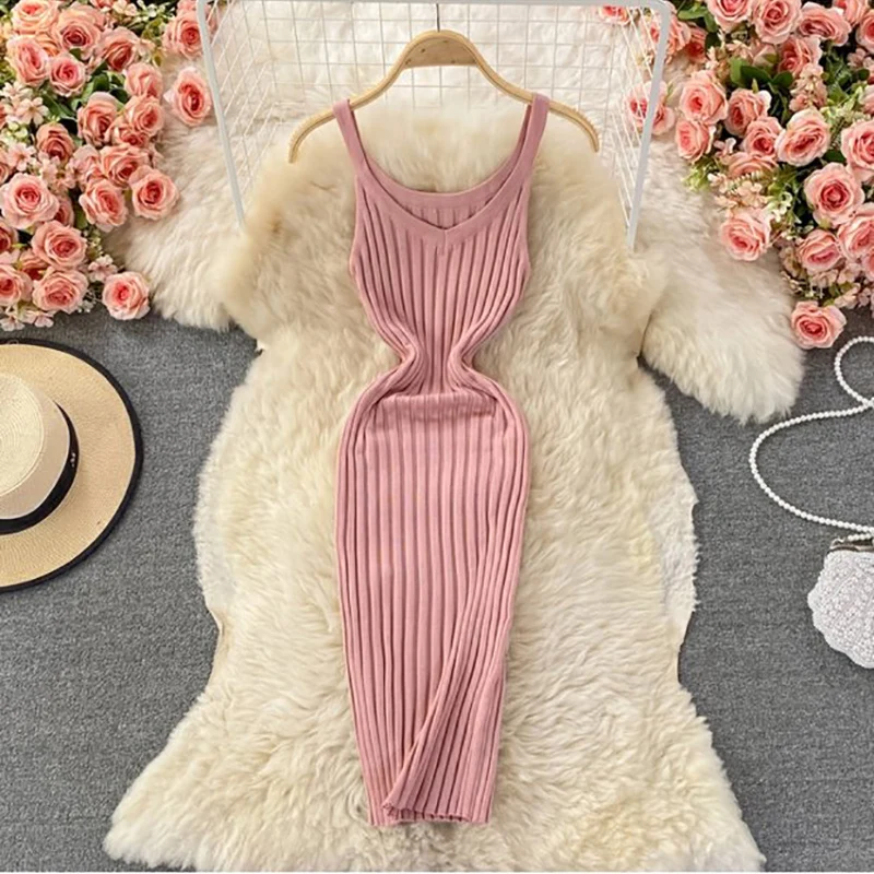 

Трикотажная юбка-жилет на бретельках, Женская Осенняя пикантная юбка-трапеция средней длины с открытой спиной в Корейском стиле, облегающе...