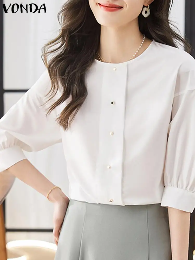 

VONDA Elegant Office Tops Women Stylish Shirts 2023 Summer Half Sleeve Tunic Round Neck Buttons Casual Solid Color Blusas Femme