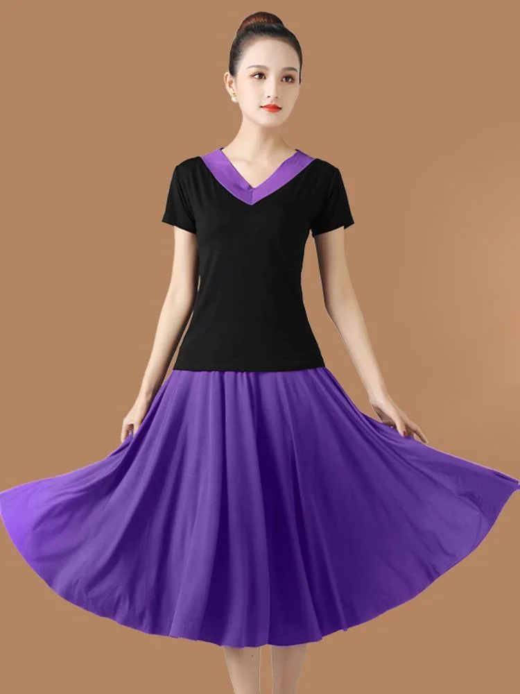 

Женский танцевальный костюм для латиноамериканских танцев, однотонный костюм для тренировок с V-образным вырезом, элегантная юбка для бальных танцев и джазовых соревнований