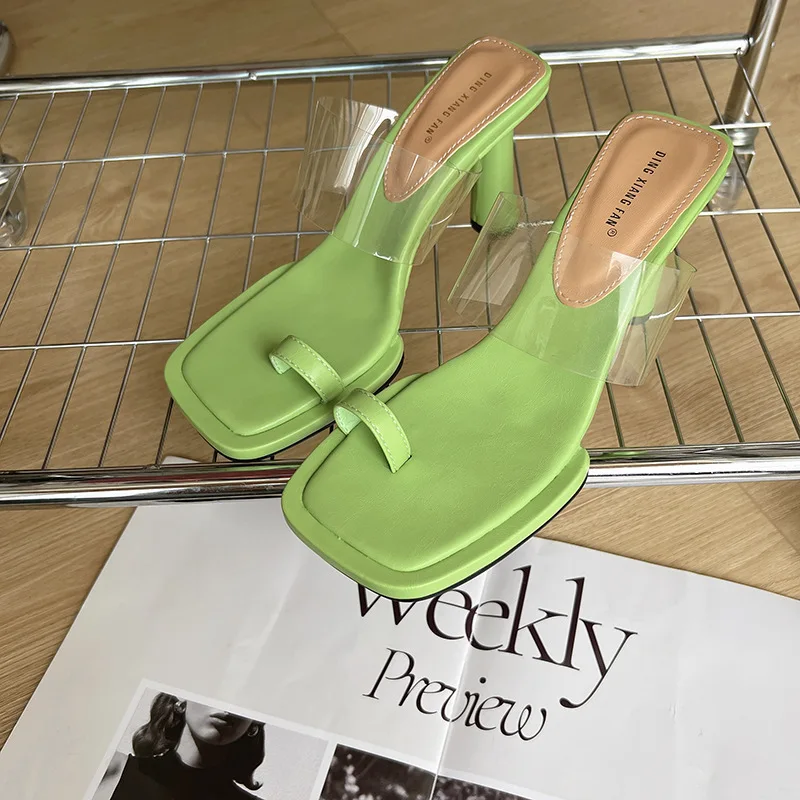 

2022 Summer New PVC Transparent Square Pinch Toe Women Slipper Fashion High Heel Ladies Slides Dress Party Sandals