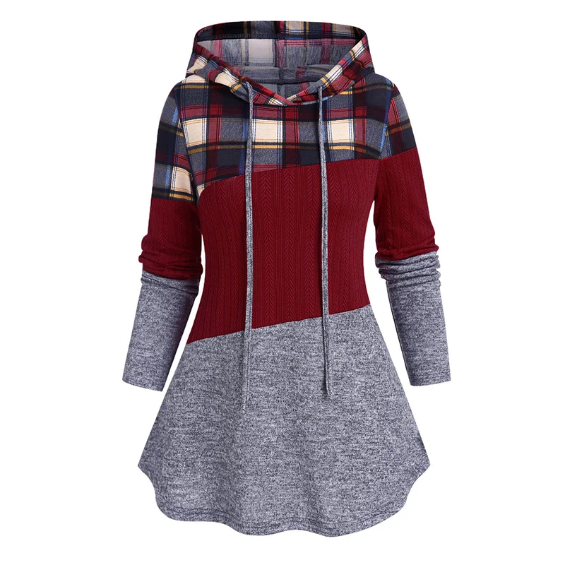 

dressfo Long Sleeve Women Colorblock Plaid Print Knit Hoodie Drawstring Textured Knitted Hoodie Sweatshirt Top With Hood