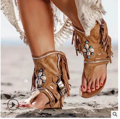 

2022 New Retro Women Fringe Flower Wedges Shoes Solid Flock Beach Casual Sandals Women Summer Flip Flop Sandals