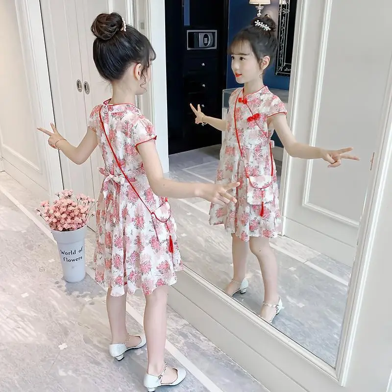 

Girls Cheongsam Summer Dress 2022 Style Chinese Style Children's Hanfu Princess Vintage Chinese Stand Collar Design Dress Kids