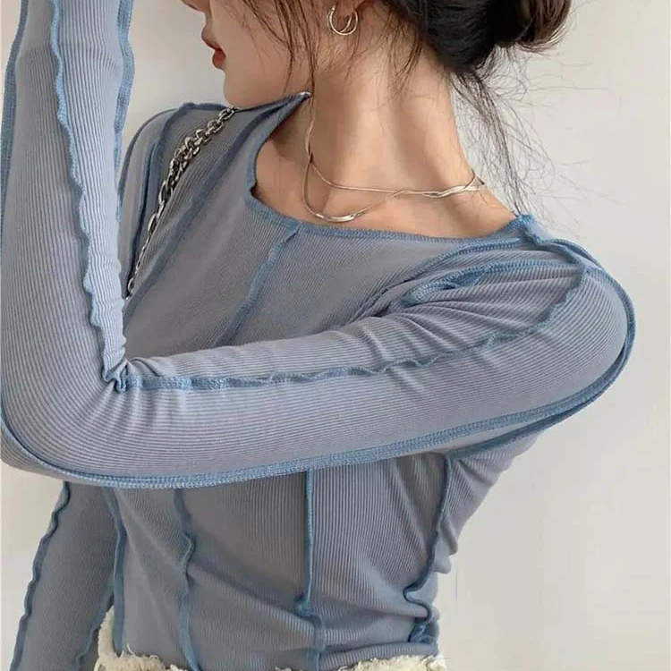 

Футболки с длинным рукавом, Женская Весенняя однотонная облегающая Повседневная Мягкая женская одежда с круглым вырезом