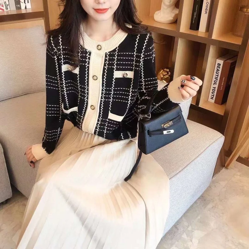 

Женский вязаный свитер в клетку, Свободный кардиган с длинным рукавом, повседневный топ с круглым вырезом, джемперы в Корейском стиле, осень...