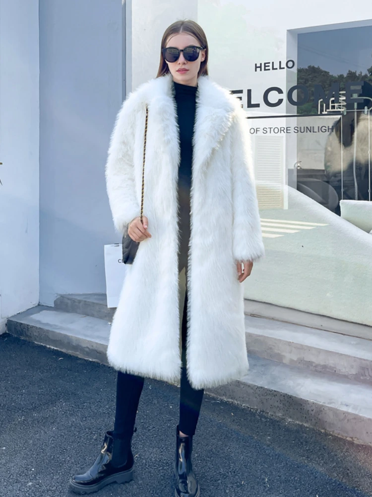 Elegant White Faux Fox Fur Long Coats Women 2022 Winter Fashion Warm Thick Ladies Coat Casual Turn Down Collar Loose Outwear