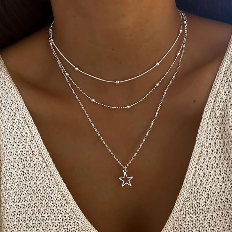 

Necklace Girl New Hollowed Out Pentagram Creative And Personalized Retro Summer Essential Multi Layered Versatile Clavicle Chain