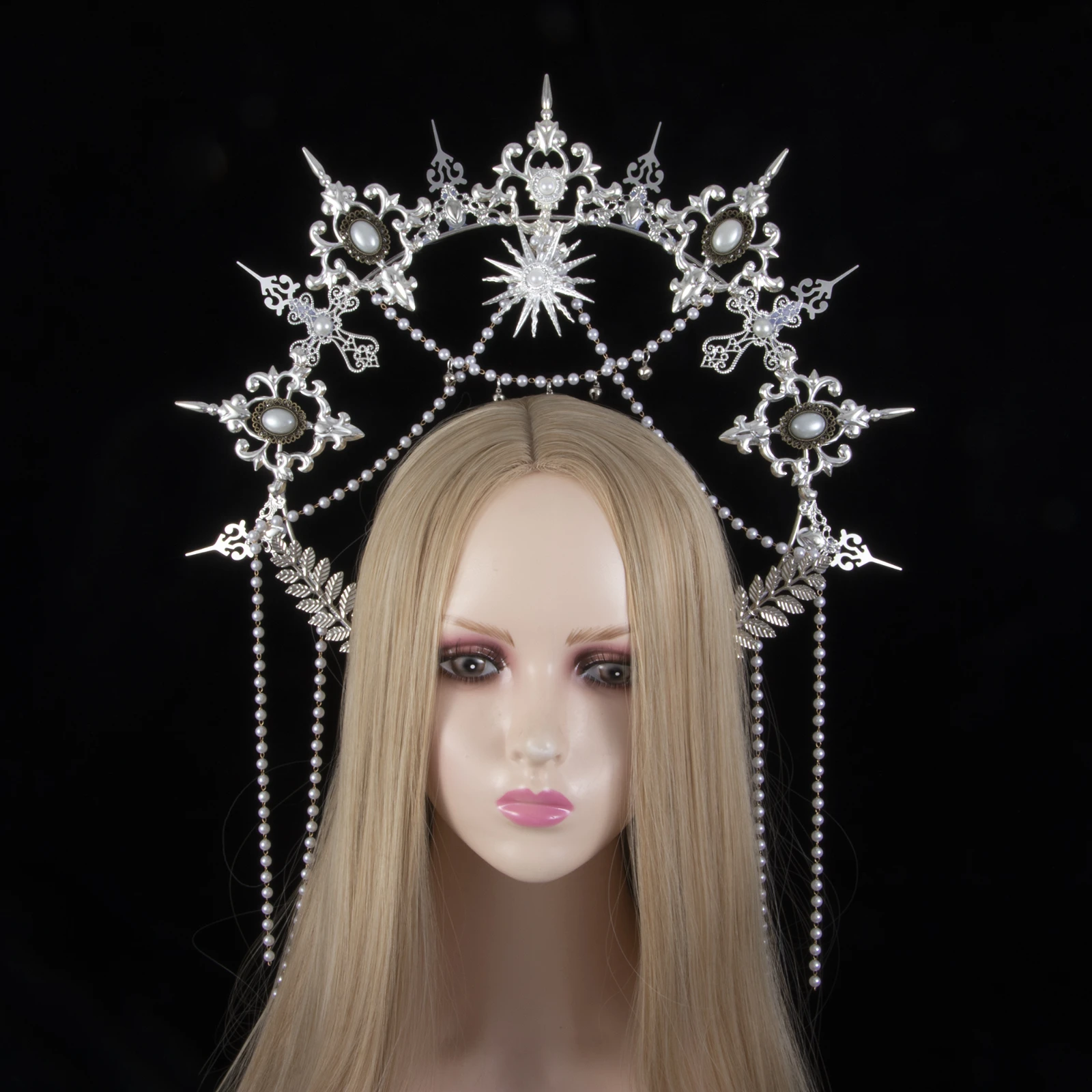 

Sun Goddess Mary Pearls Chain Silver Spike Halo Crown Headband Holiday Party Baroque Tiara Hallowmas Christmas Punk Headpiece