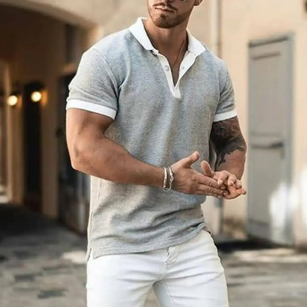 

Color Matching Men T-shirt Buttons Neckline Summer Short Sleeve Lapel All Match Shirt Turndown Collar Men Tees for Business