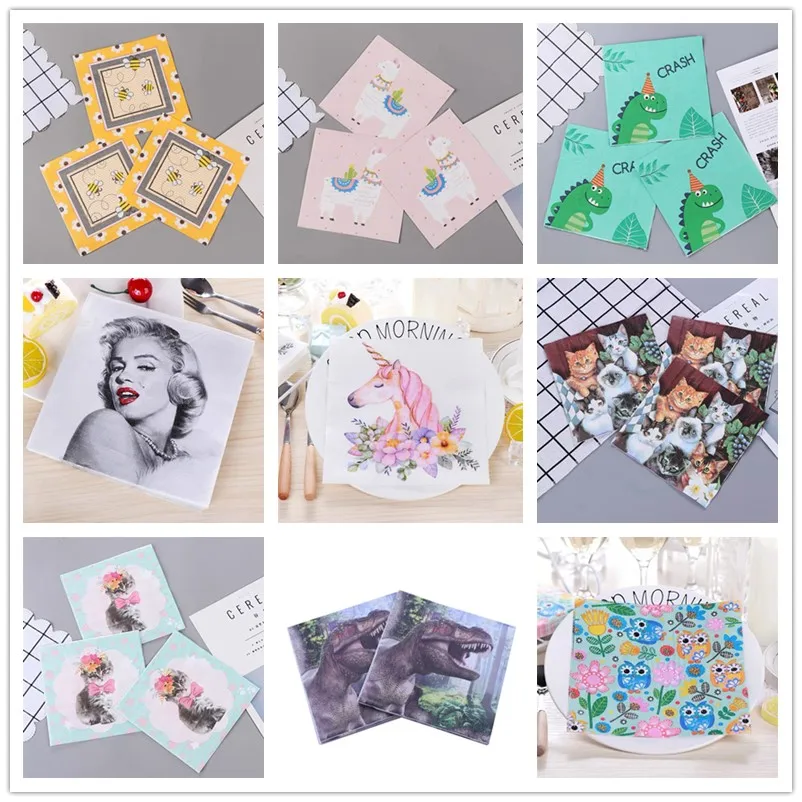 

10pcs 33*33cm Unicorn Girl Cat Dinosaur Theme paper napkins serviettes decoupage decorated for wedding party virgin wood tissues