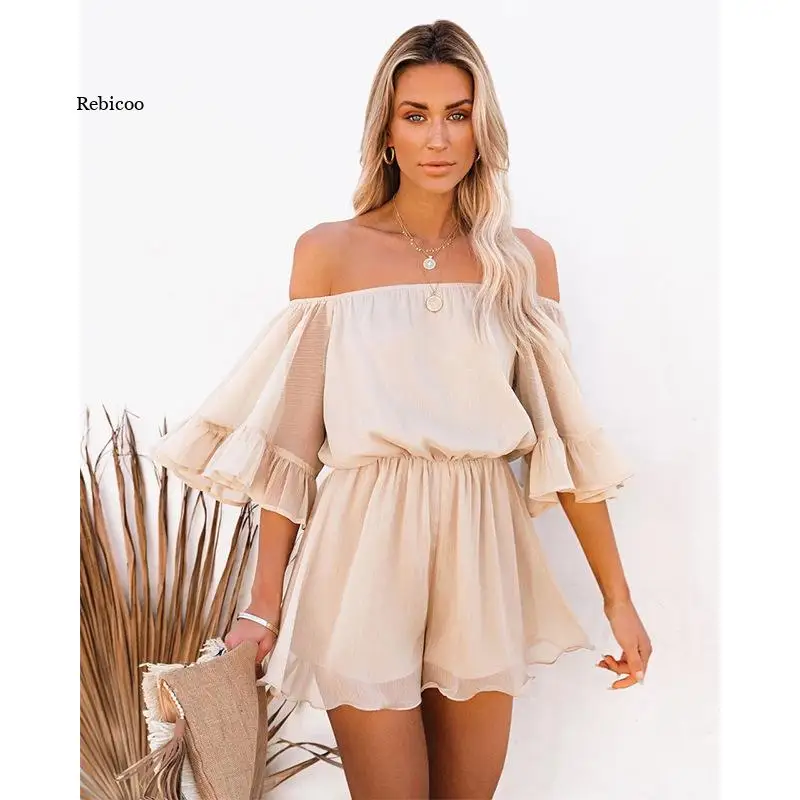 

Женский комбинезон с широкими штанинами, повседневный Свободный комбинезон с рукавами-фонариками и эластичным поясом, лето 2021