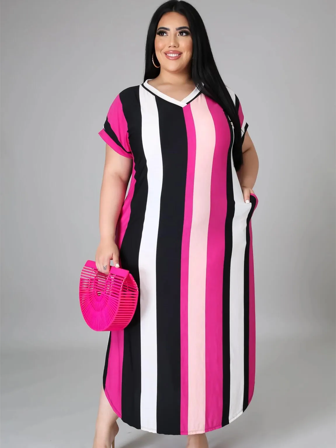 5XL Plus Size Sexy Women's Clothing V-Neck Striped Print Ladies Short Sleeve Slit Irregular Long Dress Oversized