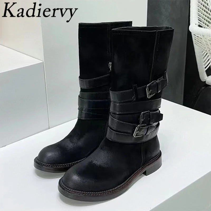 

High Quality Cow Suede Motorcycle Boots Women Flat Shoes Metal Buckle Cross Strap Long Boots Round Toe Knee High Boots Woman