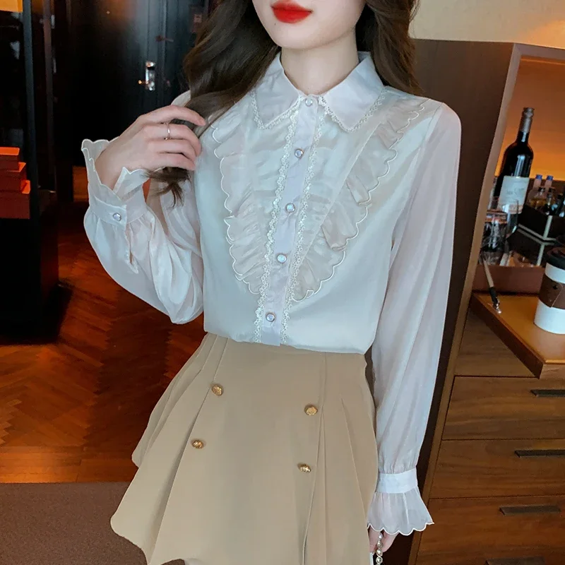 Женская шифоновая блузка с длинным рукавом отложным воротником и оборками