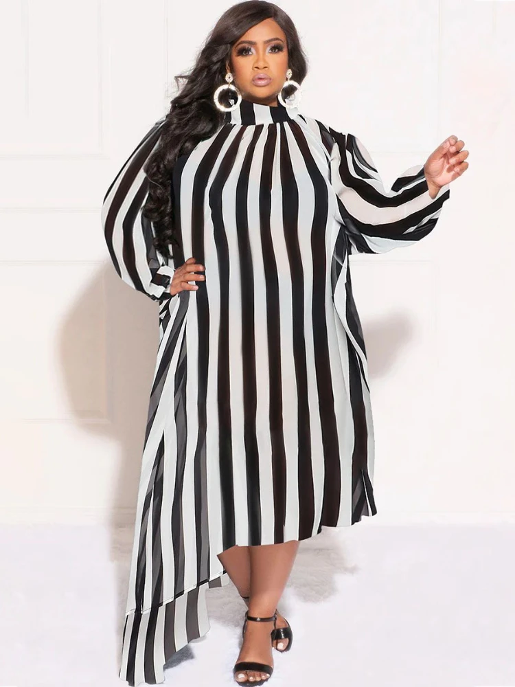 Plus Size Long Sleeve Print Fashion Sexy Dress Turleneck Midi African Robes Black and White Vestidos De Mujer Elegantes 2022