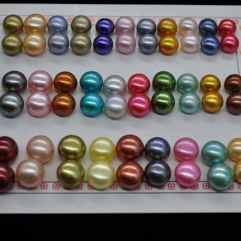 wholesale bright multi-colors half drilled real pearl flat button beads 7-9.5mm