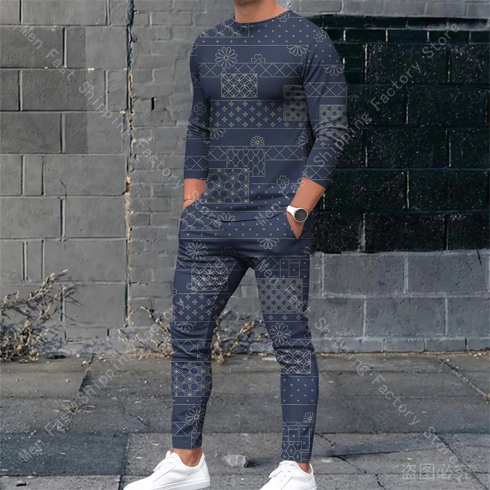 Men Long Sleeve T Shirt Pants 2 Piece Sets O Neck T-shirts Tracksuits Print Sweatshirt Suits Sweatpants Outfits Men's Clothing