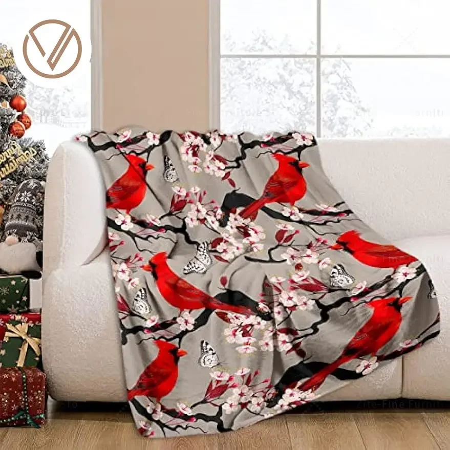 

Flannel Throw Blanket Cardinals Birds Cherry Flowers Cozy&Soft Plush Blankets for Bed Couch Living Room Sofa Chair