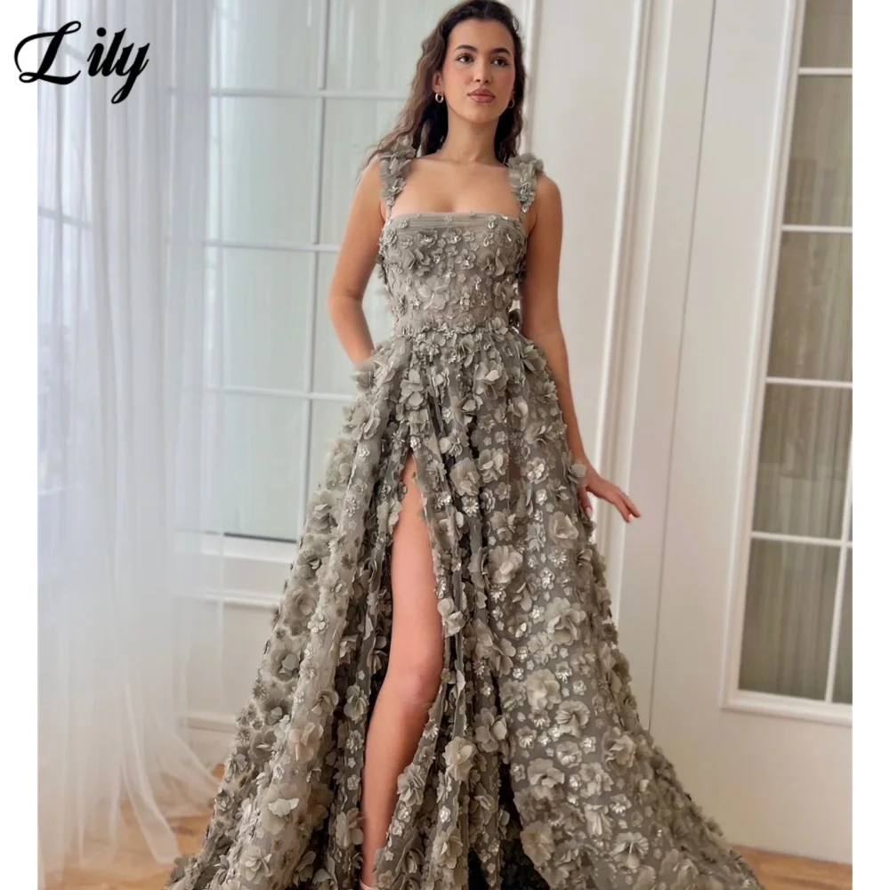 Классическое вечернее платье на тонких бретельках с 3D цветами лилии для женщин