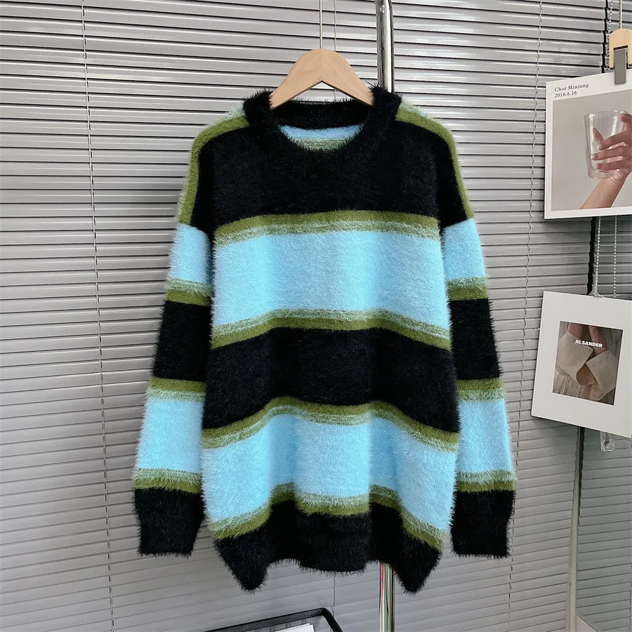

Fall/Winter 2023 new soft sticky gentle lazy style sweater women's mohair loose striped top jacket