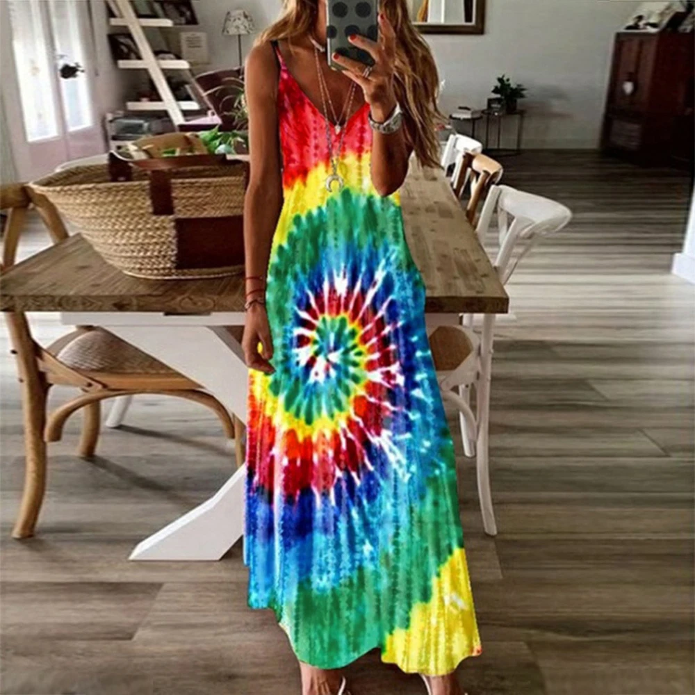 

Women Tie-dye Print Dress Summer Fashion V Neck Strap Sleeveless Printing Long Dresses Female Elegant A Line Sundress Maxi Dress