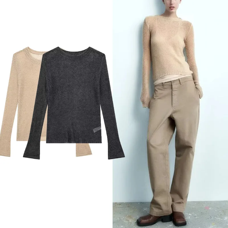 

TRAF Women Wool Blend Openwork Knit Sweater Round-neck Long Sleeves Sweater Pullover 2023 Autumn Winter Female Slim Pullover Top