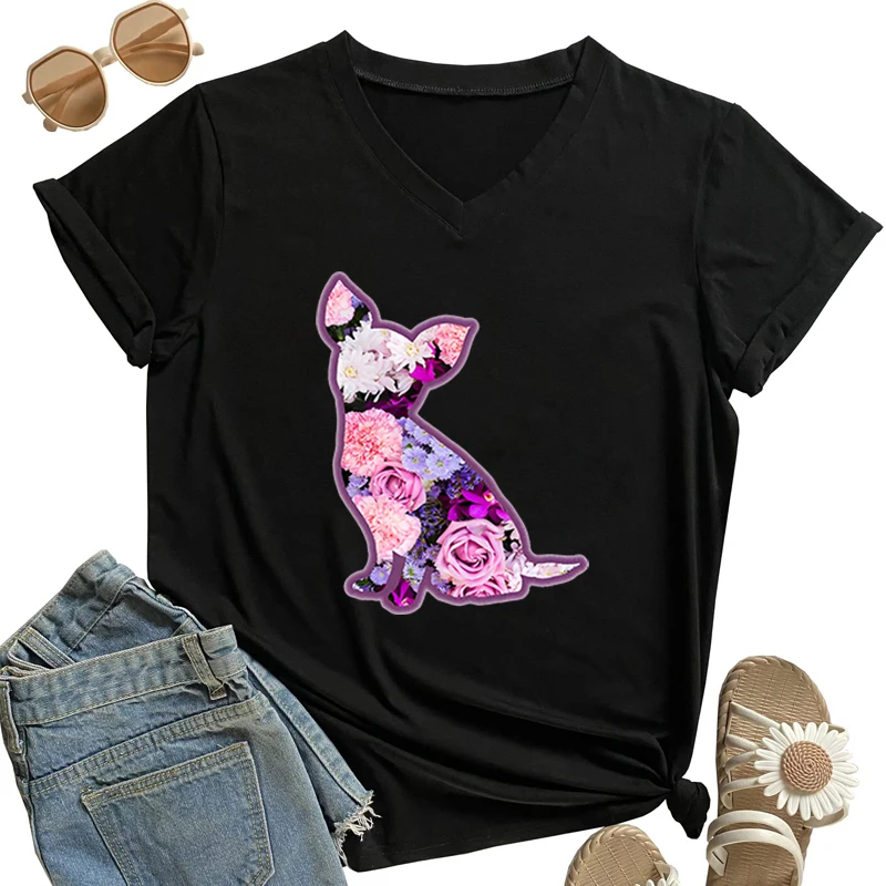 

Puppy and Flower Graphic T Shrits Cute Dogs Print Tees Kawaii Animals Aesthetic Clothes for Women Trendy V-neck Camiseta Mujer