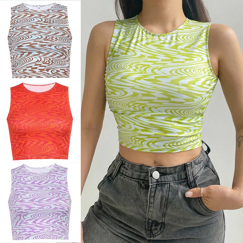 

2022 Summer Slim Fit Cropped Top Sexy Women's Sleeveless Print Round Neck Slim Crop Tank Top Wholesale
