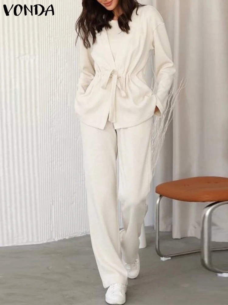 

VONDA 2PCS Elegant Pant Sets 2022 Women Long Sleeve Solid Sexy V Neck Tunic Tops And Long Pants Autumn Casual Loose Street Suit