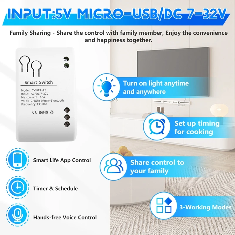 Модуль переключателя Tuya Smart Wi-Fi AC/DC7-32V RF 433 радиопульт дистанционного управления 1/2
