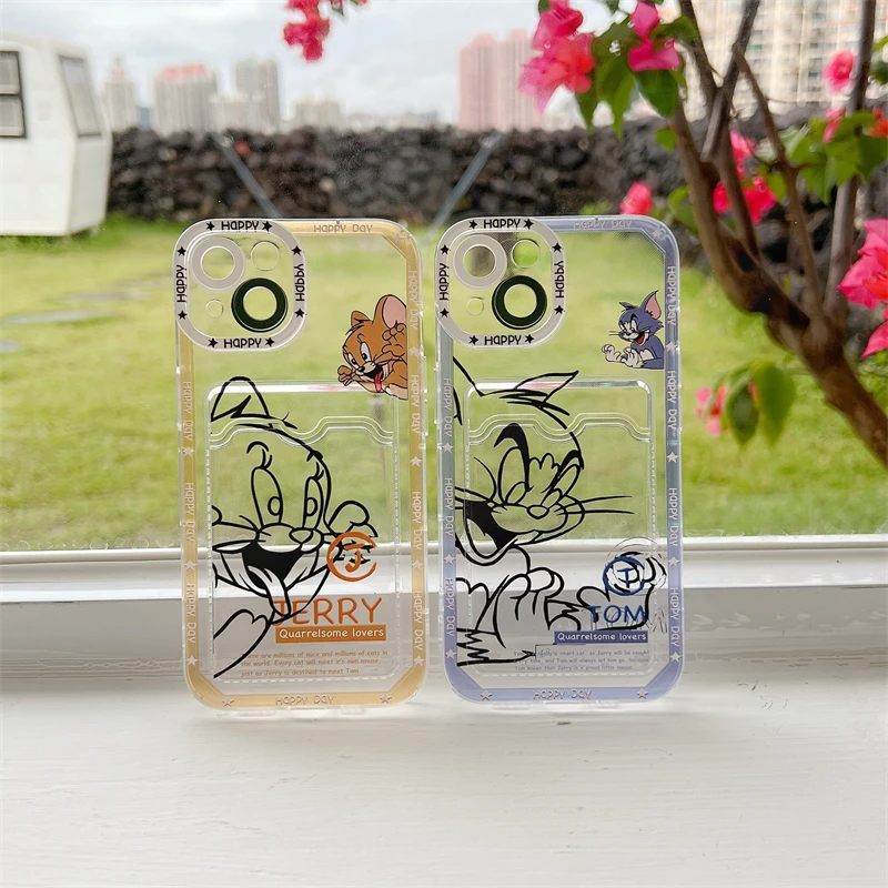 

Line Art Tom And Jerry Phone Case For Iphone 11 12 13 Pro Max X Xs Xr 7 8 Plus SE 2020 Card Pocket Soft Transparent Cover