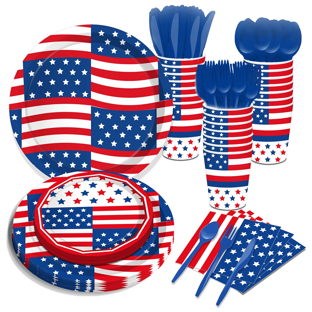 

USA Flag July 4th Day Birthday Party Disposable Tableware Sets Plates Cups Napkins Independence Day Baby Shower Party Decoration