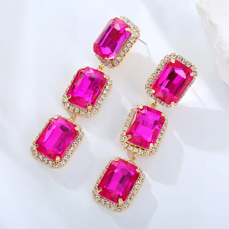 

Statement Shiny Pink Black Fuchsia Crystals Zircons Long Dangle Drop Women Party Earrings Fashion Jewelry